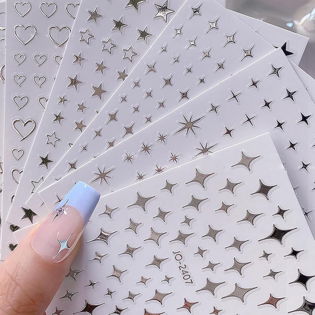 MAYCREATE® 6 Sheet DIY Nail Decal Stickers Y2K Sweet Chic Metallic Touch Silver Star Heart Nail Art Decals, Self Adhesive Nail Art Decals Decorative French Nail Decals MAYCREATE® 6 Sheet DIY Nail Decal Stickers Y2K Sweet Chic Metallic Touch Silver Star Heart Nail Art Decals, Self Adhesive Nail Art Decals Decorative French Nail Decals